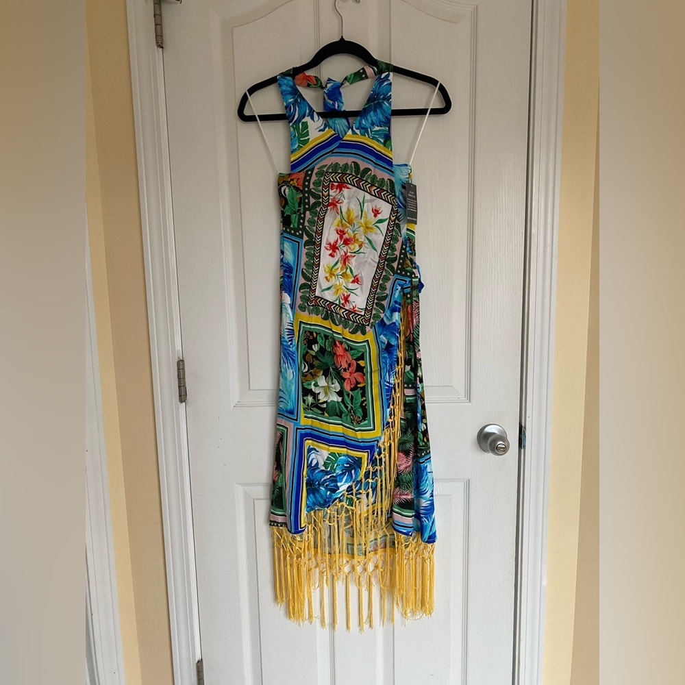 Boston Proper Tropical Patchwork Halter Dress with Yellow Fringe - Picture 2 of 14